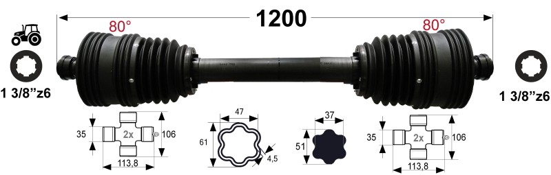 KARDAN X7 L=1200 mm DIREKTNI Z DVEMA  ŠIROKOKOTNIMA  ZGLOBOMA 80°  