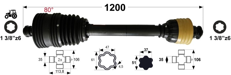 KARDAN X7 L=1200 mm DIREKTNI Z ZGLOBOM 80° 