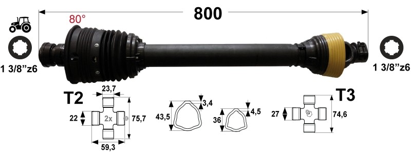 KARDAN T2-T3 L=800 mm DIREKTNI Z ZGLOBOM ŠIROKOKOTNIM 80°