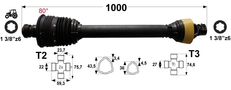 KARDAN T2-T3 L=1000 mm DIREKTNI Z ZGLOBOM ŠIROKOKOTNIM 80°